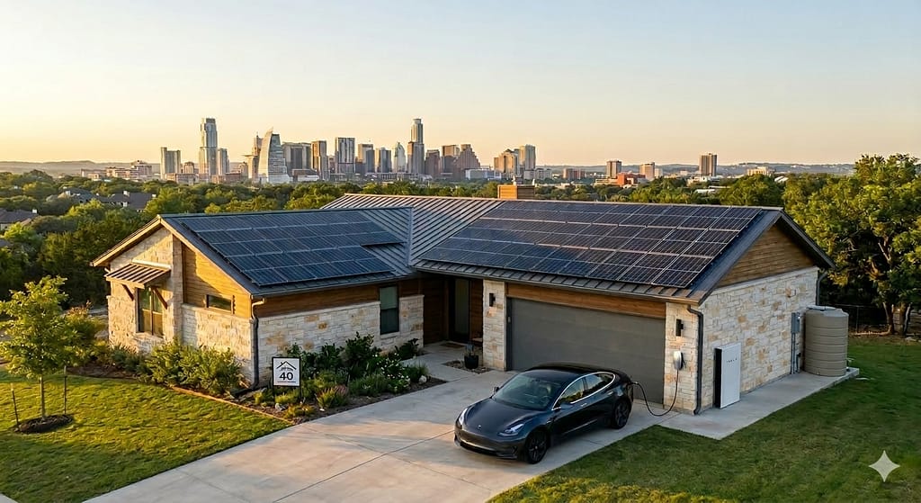 Modern Texas home with roof solar panels and Tesla Powerwall battery backup for residential energy independence.