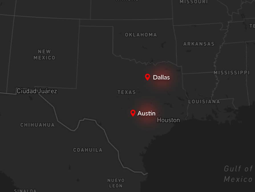 Map showing Dallas and Austin EV charging target locations