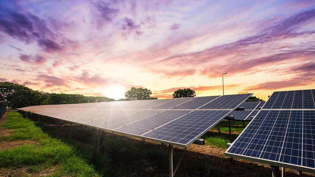 mounted solar panels in the fields over beautiful sunset