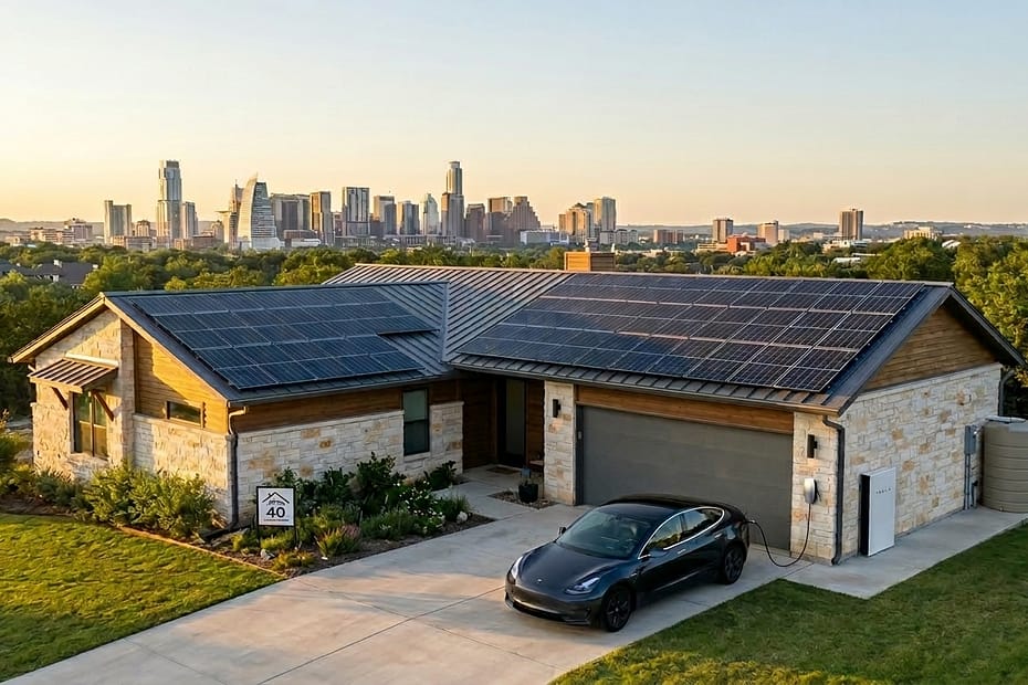 Modern Texas home with roof solar panels and Tesla Powerwall battery backup for residential energy independence.