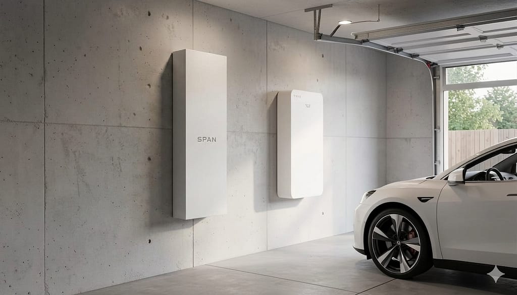 Car parked in garage next to SPAN smart electrical panel and Tesla Powerwall battery system