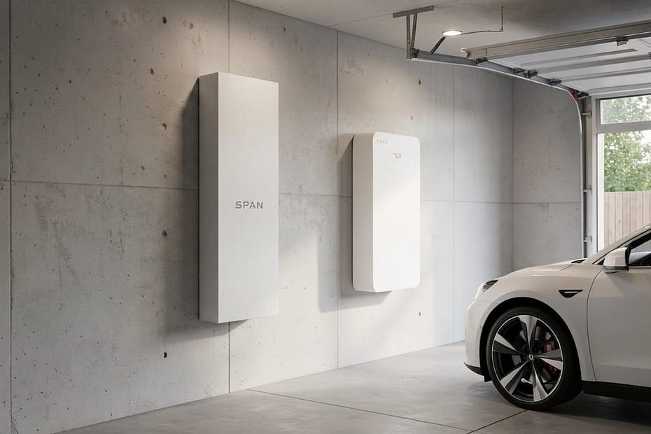 Car parked in garage next to SPAN smart electrical panel and Tesla Powerwall battery system