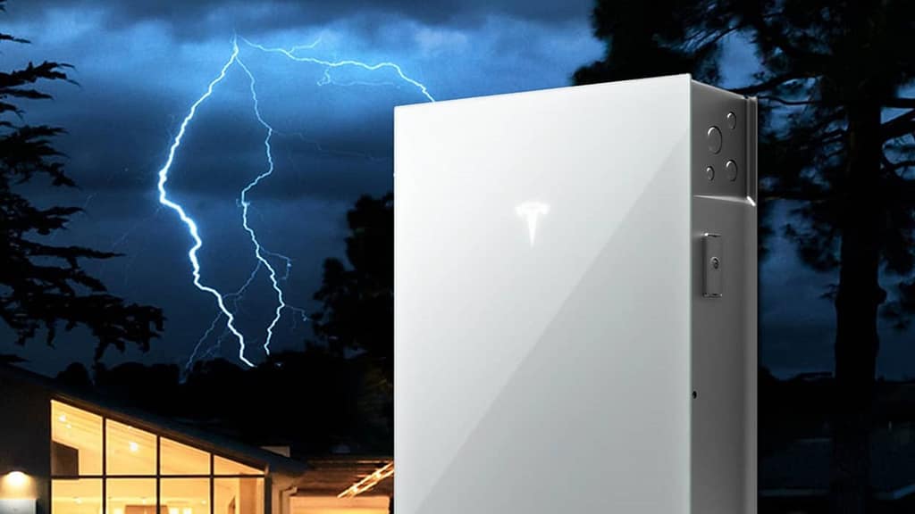 Tesla Powerwall over lightning dark sky