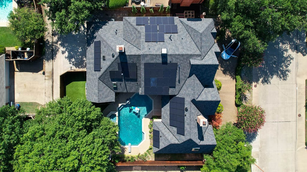 Top down view of home with black solar panels