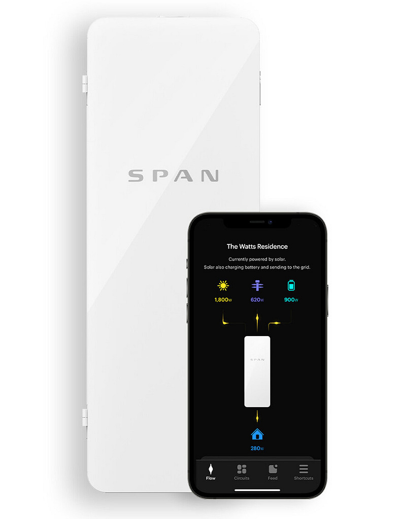 Span Electrical Breaker box with phone showcasing Span mobile app